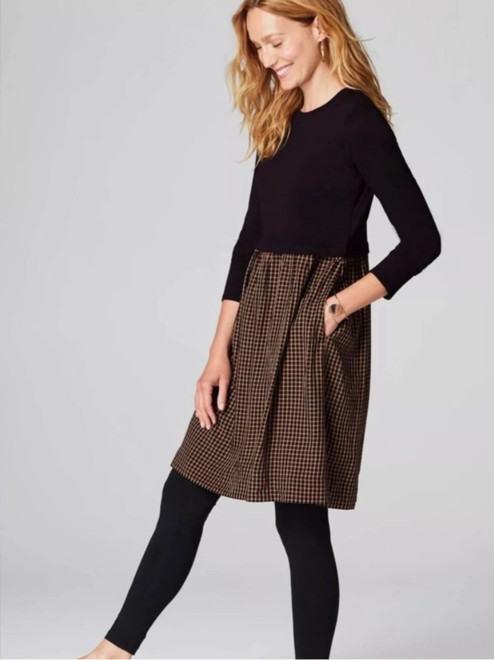 J. Jill Mixed Media Dress Size Large Black Knit Top Camel Plaid Skirt Pockets